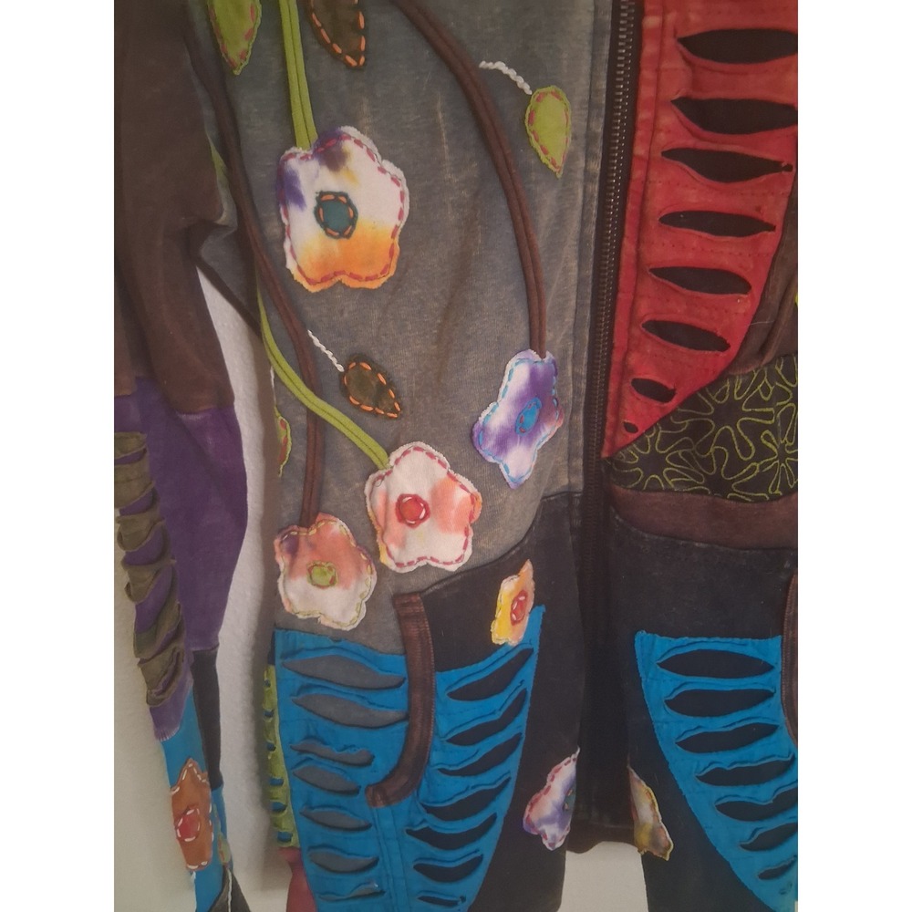 Rising International Patchwork Floral Razor Cut Hoodie Brown Cotton Jacket S - Picture 3 of 7